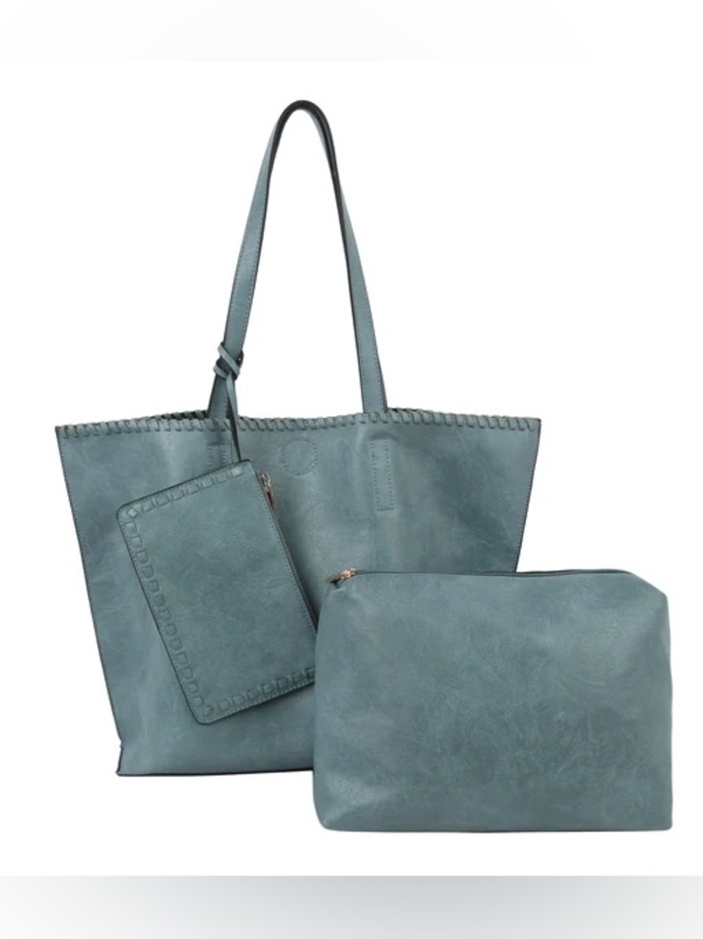 New 3 in 1 Light Blue Faux Leather Tote Bag Long Shoulder Straps